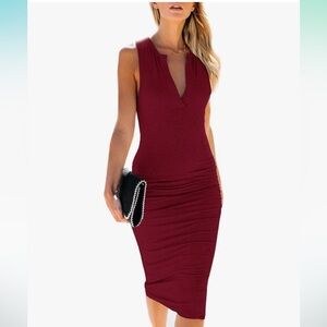 AELSON Women's Sleeveless V Neck Ruched Bodycon Midi Tank Dress